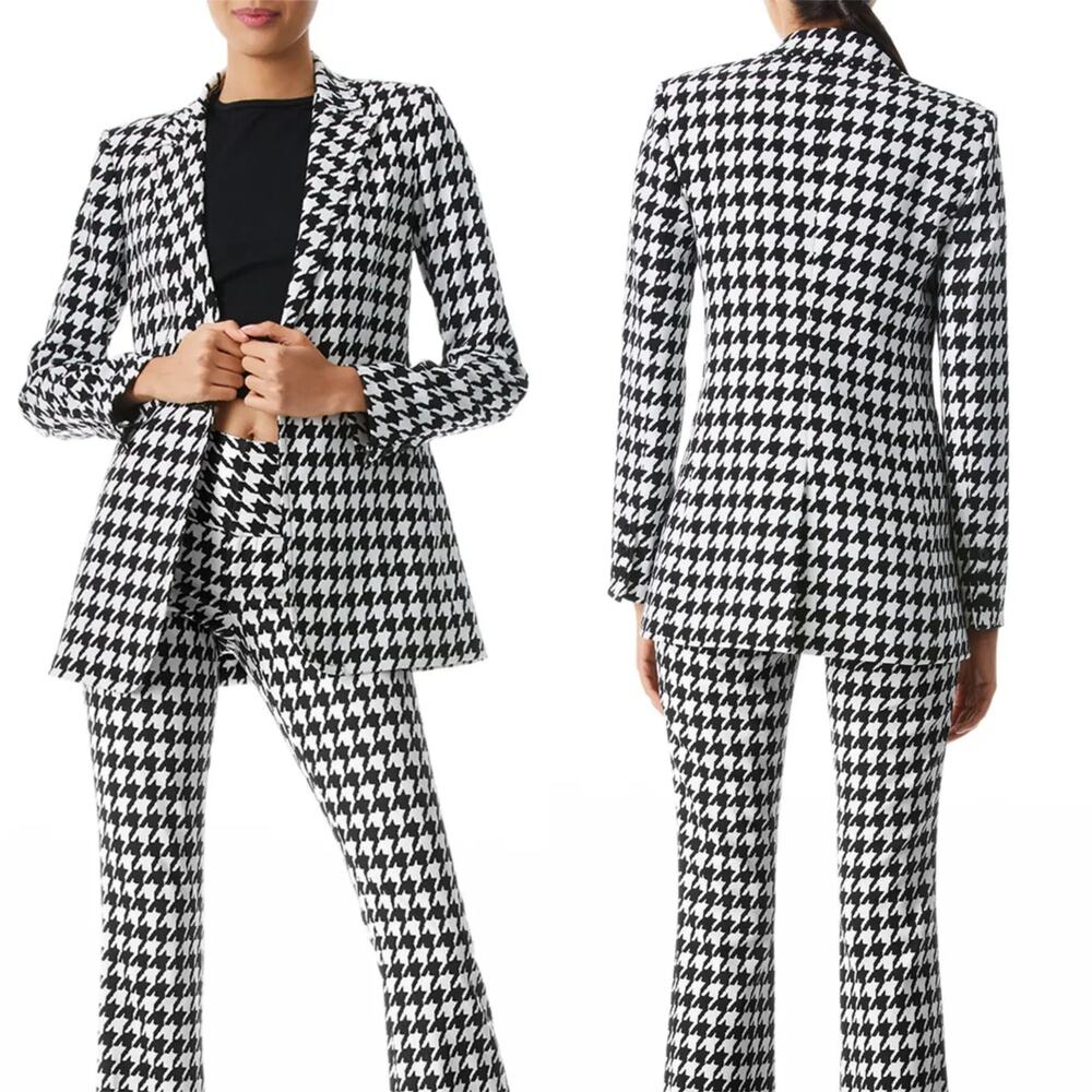 Alice + Olivia Breann Long Fitted Blazer Houndstooth Black White